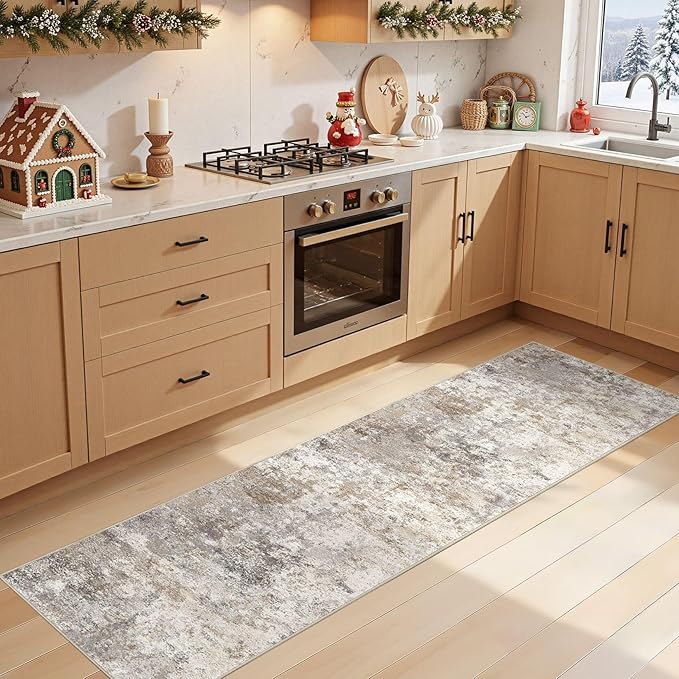 UERMEI 2X8 Washable Runner Rug for Hallway: Soft Neutral Modern Abstract Area Rug - Non-Slip Low Pile Long Throw Indoor Carpet for Kitchen Entryway Kitchen Bedroom Laundry- Brown Grey