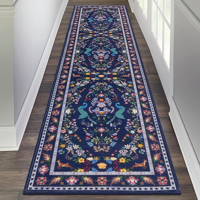 HEBE Washable Hallway Runner Rug 2'x 8' Non Slip Kitchen Rugs Runner,Low Pile Entryway Rug Laundry Room Mat Floral Carpet Runners for Hallways, Kitchen,Bathroom,Laundry,Bedside Rug