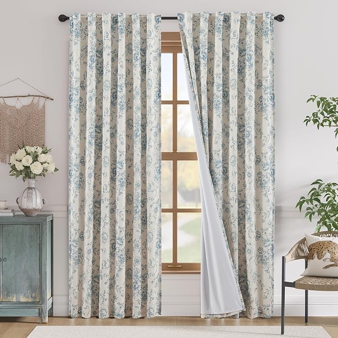 jinchan Blackout Floral Curtains for Living Room Bedroom Linen Blend Curtain Farmhouse Blue Printed with Lined Back Tab Rod Pocket Drapes Window Treatments 2 Panels 90 Inch