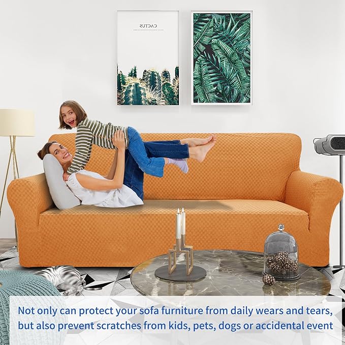 ZNSAYOTX 1 Piece Jacquard Couch Covers for 2 Cushion Couch High Stretch Loveseat Slipcover for Pets Dogs Anti Slip Love Seat Sofa Slipcover Furniture Protector (Medium, Orange)