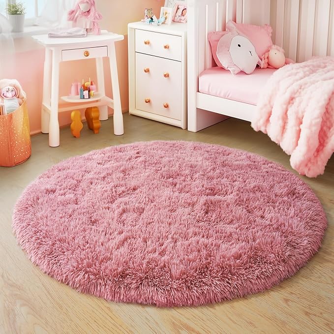 5'x5' Blush Round Rugs for Girls Bedroom, Ultra Soft Fluffy Circle Rug for Kids Room, Cute Shag Rugs for Living Room Playroom Tent Castle Home Decor Rug