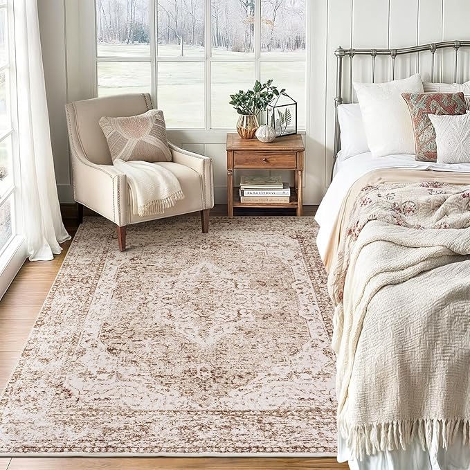 Lofus 4x6 Area Rugs for Living Room, Washable Area Rug, Rugs for Bedroom, Kitchen, Vintage Boho Carpet, Soft Non-Slip, Low Pile Large Area Rug for Office Dining Room, Vintage Beige Brown
