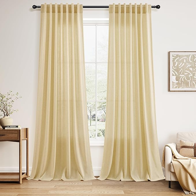Nanspring Cream Yellow Curtains 120 Inches Long for Living Room Linen Modern Farmhouse Sheer Curtains Back Tab and Rod Pocket Extra Long Floor to Ceiling Curtain for Bedroom Office 52x120, 2 Panels