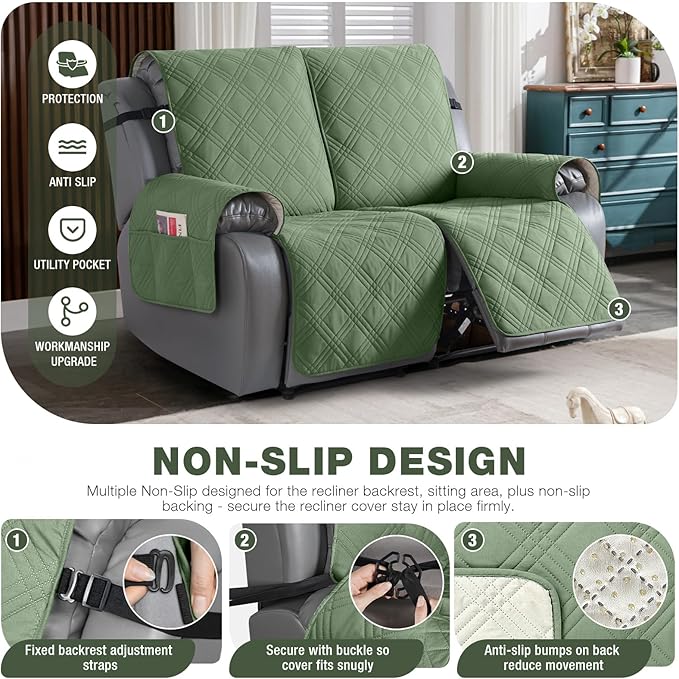 TAOCOCO 100% Waterproof Loveseat Recliner Covers 2 Seater, Split Loveseat Covers for Reclining loveseat, Non Slip Reclining Couch Cover with Double Straps for Kids, Pets(2 Seater, Bean Green)