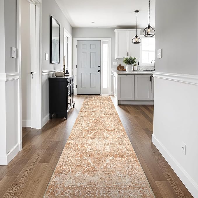 2'6"x14' Washable Hallway Runner Rug - Non Slip Kitchen Runner Rugs with Rubber Backing Vintage Low-Pile Carpet Runners for Entryway Dining Room Laundry Room Home Decor (Brick)