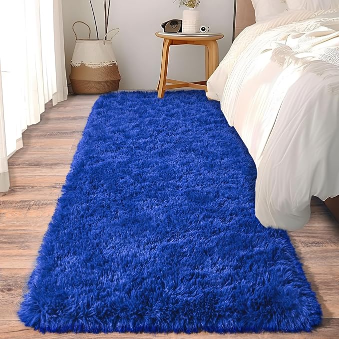 Soft Runner Rugs for Bedroom Hallways, 2 Packs 2x6 Royal Blue Fluffy Shag Throw Area Rug Non Slip for Bedside Dorm, Long Shaggy Furry Carpet for Nursery Living Room