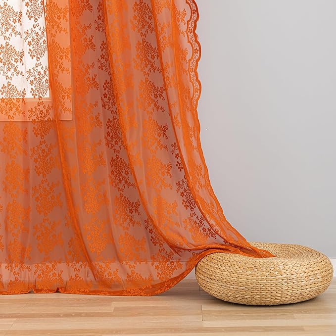 YJ YANJUN Vintage Lace Curtains 63 Inch Length Burnt Orange Sheer Curtains for Living Room Bedroom 2 Panels Rod Pocket Farmhouse Terracotta Drapes for Kitchen Nursery Halloween Fall Decor 52x63 Inch