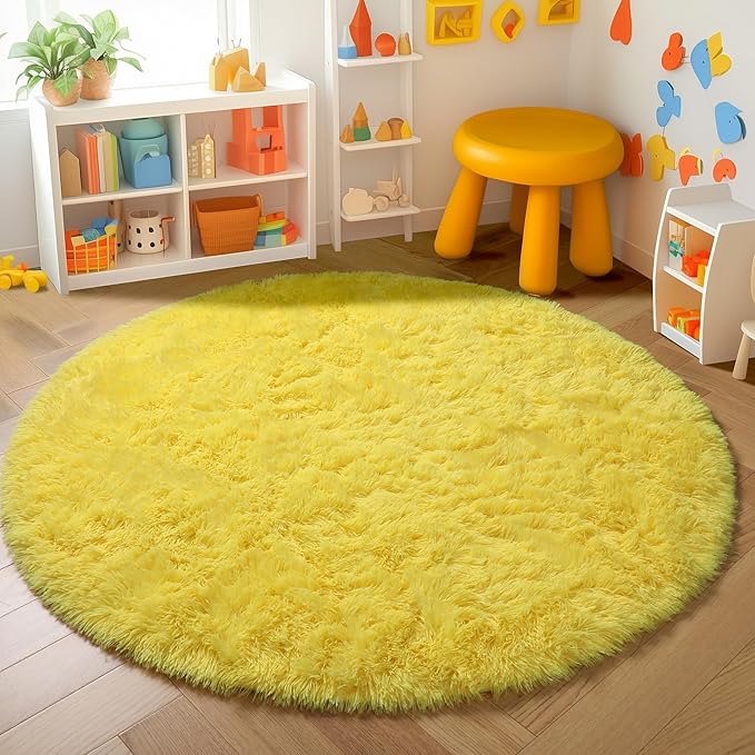 Amdrebio Yellow Circle Round Rug 6Ft for Living Room Bedroom, Fluffy Fuzzy Shag Furry Area Rugs for Baby Kids Room Decor Aesthetic, Cute Plush Kawaii Carpet for Classroom Nursery Teen Girls Boys