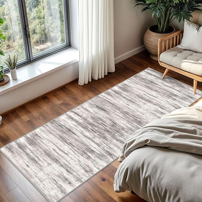 KOZYFLY Modern Abstract Washable Rug Runner 2x5 Hallway Rug Runner Non-Slip Soft Kitchen Runner Rugs, Grey/Light Beige/Brown Striped Carpet for Entryway Bathroom