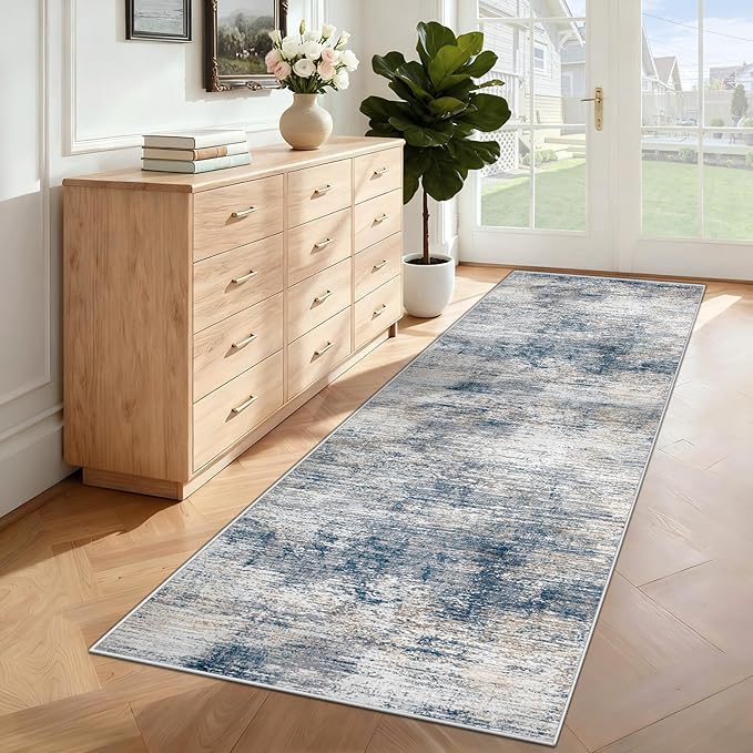 2x7 Runner Rug for Hallway, Washable Modern Abstract Runner Rugs Neutral Soft Non Slip Kids Rug Stain Resistant Indoor Runners for Entryway Bedroom Kitchen Laundry Room(BlueWhite, 2'x7')