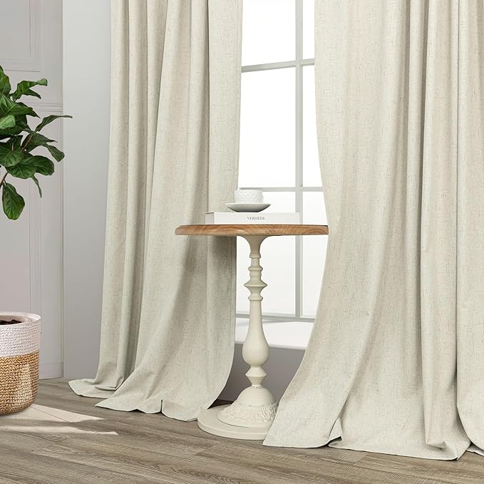 Cream Beige Blackout Curtains 90 Inches Long Thick Linen Patio Curtains for Sliding Glass Doors Cute Black Out Curtain for Nursery Bedroom Aesthetic Back Tab Pocket Pleated Drape 2 Panels 52x90 Length