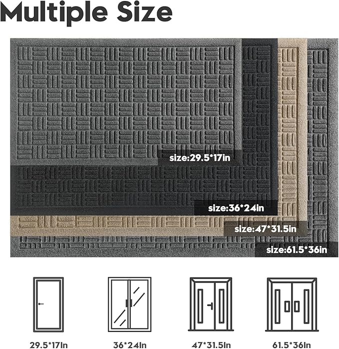 Mibao Front Door Mat Indoor Outdoor Entrance, Dirt Trapping Waterproof All-Season, All-Weather Doormat, Non-Slip Durable Natural Rubber Low Profile Easy Clean Patio Entrance Mat, 61.5" x 36", Grey