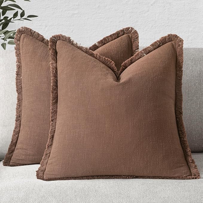 MIULEE Decorative Throw Pillow Covers Neutral Linen Fringe Throw Pillows Euro Shams Set of 2 Dark Coffee Boho Farmhouse Cushion Covers for Couch Sofa Bed Living Room Spring Home Decor 22x22 Inch