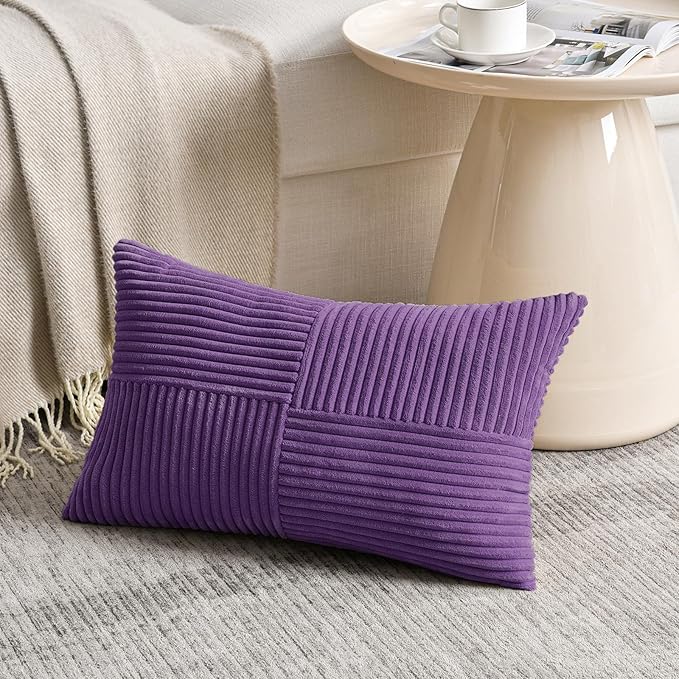 Fancy Homi 2 Packs Purple Long Lumbar Decorative Throw Pillow Covers 16x24 Inch for Living Room Couch Bed, Farmhouse Boho Home Decor, Soft Striped Corduroy Rectangle Accent Cushion Case 40x60 cm