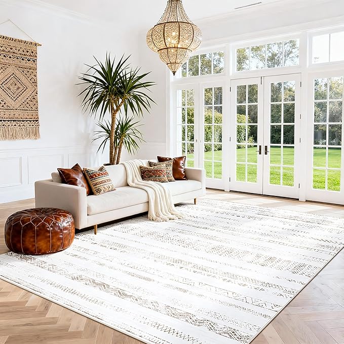 Moroccan Washable Rugs 8x10 Area Rugs for Living Room,Bedroom,Dining Room- Large Ultra Soft Faux Wool Retro Carpet,Non Slip&Non-Shedding Low Pile Vintage Print Rug-(Light Brown-White)
