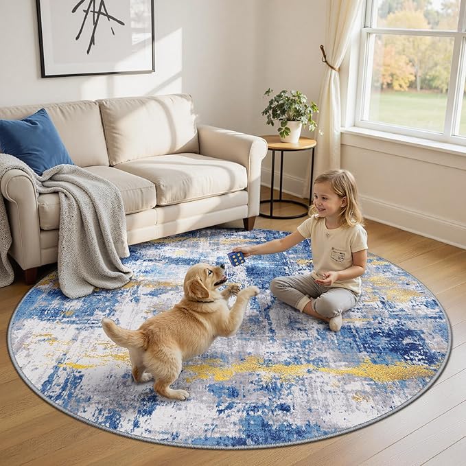 Washable Area Rugs 6ft Non-Slip Modern Abstract Soft for Living Room Entryway Bedroom Nursery, Print Pattern, Grey Blue Gold/Golden
