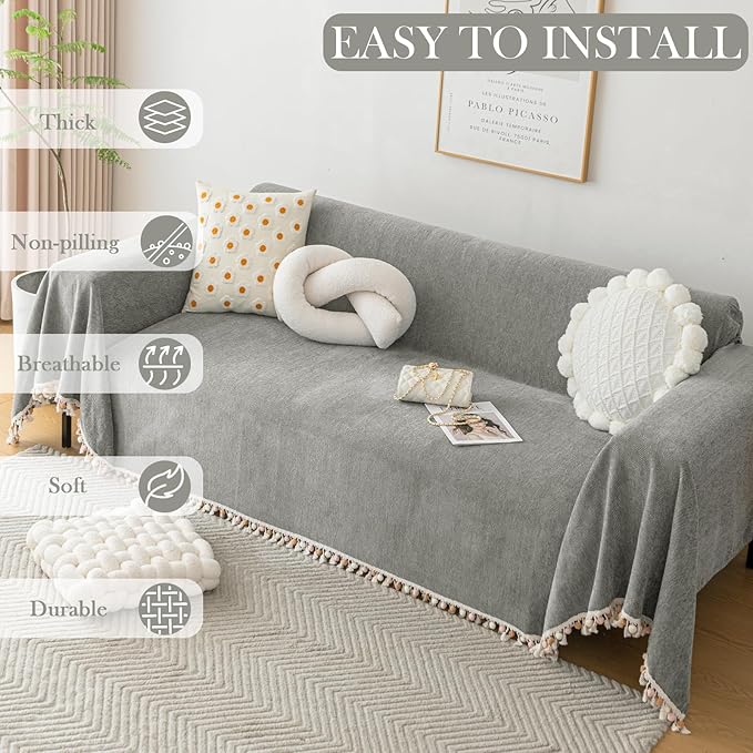 HANDONTIME Couch Slipcovers for Sofas Dark Grey Couch Cover Sofa Cover for Dogs Boho Pet Couch Protector with Tassel Sectional Throw Cover Chenille Herringbone Couch Cover for 3 Seat Sofa, 91" X150"