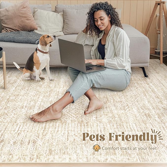 Living Room Rugs 10x14: Washable Moroccan Geometric Boho Rug Farmhouse Non Slip Stain Resistant Large Rug Low Pile Soft Carpet for Bedroom Dining Room Kids Room (Beige,10x14)