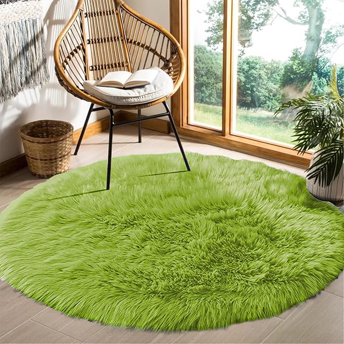 Goolela Lime Green Circle Rug 6ft Fluffy Fuzzy Round Faux Fur Sheepskin Carpet for Bedroom Playroom Bedside Soft Shaggy Washable