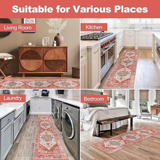 Yamaziot Washable Runner Rug, 2x8 Non-Slip Boho Vintage Hallway Rug Runner with Rubber Backing, Stain Resistant & Low Pile Faux Wool Distressed Carpet Runner for Bedroom, Kitchen, Laundry, Entrance