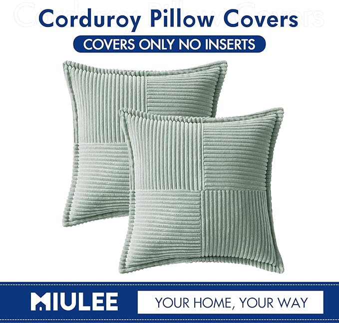 MIULEE Spring Decorative Throw Pillow Covers for Couch Bed Livingroom 16x16 Inch Set of 2 Greyish Green Boho Accent Throw Pllows Broadside Striped Patchwork Soft Corduroy Summer Pillowcases