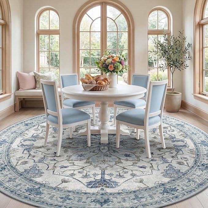 Area Rugs 8ft Washable Non-Slip, Floral Vintage Distress Print Pattern Medallion Carpet for Living Room Bedroom Dining Room, Light Blue Navy Beige Gray White