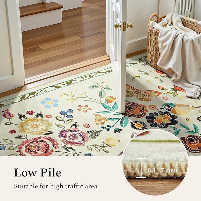 Rugflix 2x6 Runner Rug for Hallway, Washable Kitchen Runner Non Slip, Soft Low Pile Entryway Carpet, Vintage Floral Stain Resistant Long Laundry Room Rugs for Bedroom, Stairs, Beige Yellow