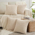 Fancy Homi 4 Packs Tan Decorative Throw Pillow Covers 16x16 Inch for Living Room Couch Bed Sofa, Beige Rustic Farmhouse Boho Home Decor, Soft Plush Striped Corduroy Square Cushion Case 40x40 cm
