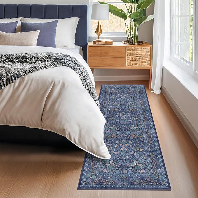 Non Slip Dark Blue 2x5 Runner Rug - Washable Small Throw Rugs for Kitchen, Entryway, Bathroom, Bedroom, Laundry Room, Hallway, Dusky Navy Vintage Oriental Décor