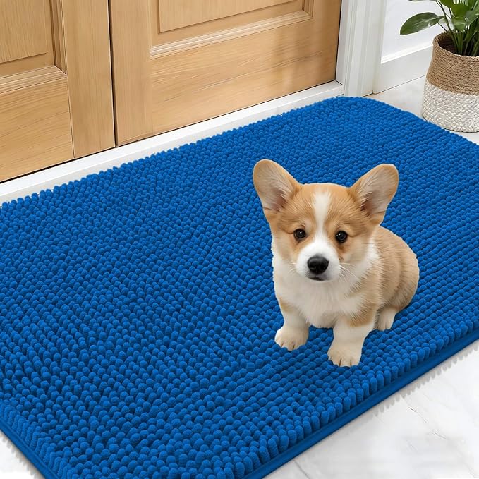 OLANLY Dog Door Mat for Muddy Paws 24x16, Absorbs Moisture and Dirt, Absorbent Non-Slip Washable Doormat, Quick Dry Chenille Mud Mat, Entry Indoor Entryway Carpet for Inside Floor, Deep Navy Blue