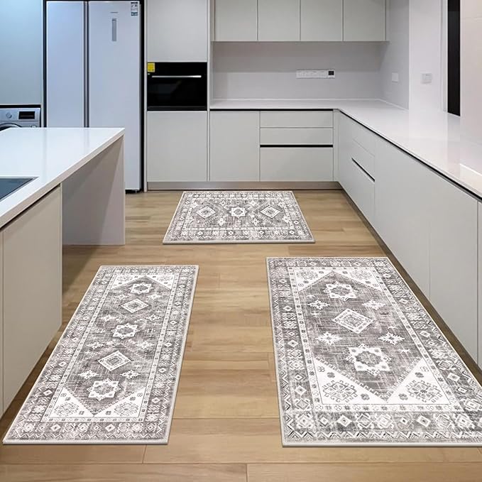 HEBE Boho Kitchen Rug Sets 3 Piece with Runner Non Slip Kitchen Rugs and Mats Washable Kitchen Mats for Floor Thick Kitchen Floor Mat Carpet Runner Rugs for Hallway Laundry Holiday Decor