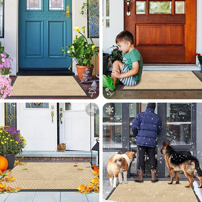Smiry Front Door Mat Outside Entrance, Heavy Duty Sturdy Natural Rubber Doormat, Trap Dirt and Moisture, Easy Clean Low Profile Mats for Indoor Outdoor Entry, Irregular Triangle (71x47, Beige)
