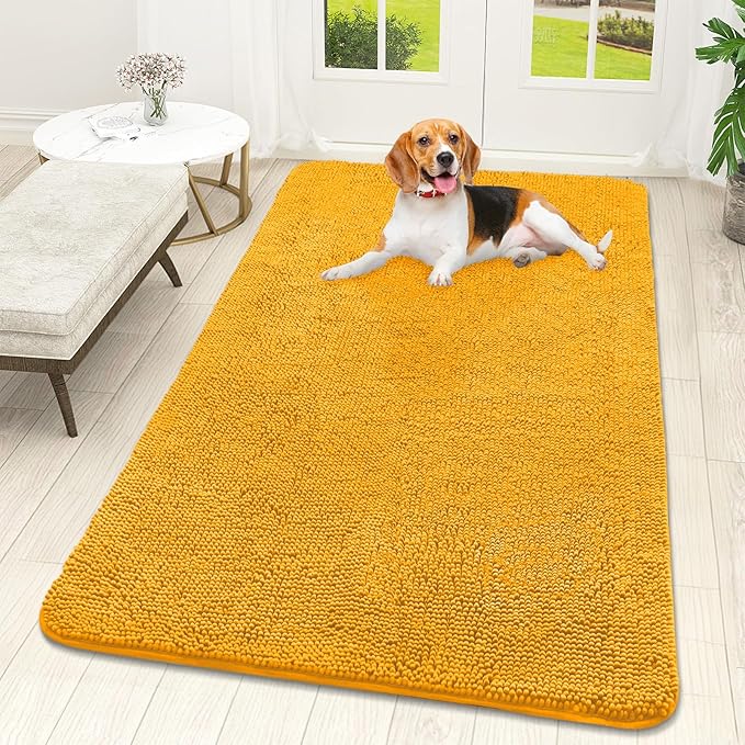 OLANLY Dog Door Mat for Muddy Paws 59x32, Absorbs Moisture and Dirt, Absorbent Non-Slip Washable Doormat, Quick Dry Chenille Mud Mat, Entry Indoor Entryway Carpet for Inside Floor, Golden Yellow