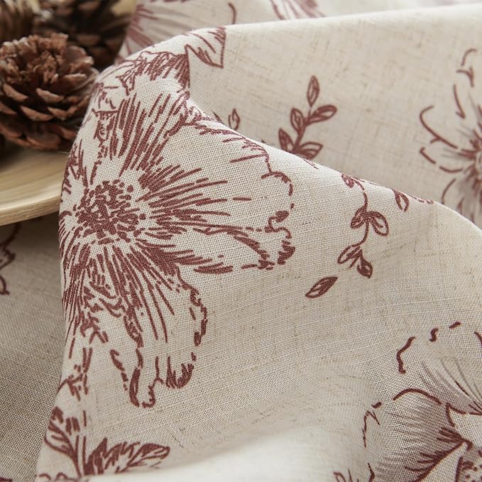 jinchan Linen Blend Curtain Floral Curtains for Living Room 84 Inch Length Farmhouse Brick Red Printed Curtain Rod Pocket Back Tab Peony Flower Patterned Drapes Curtains Set 2 Panels
