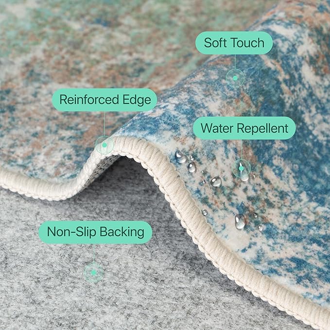 2x3 Rugs for Entryway Entrance Kitchen Bathroom, Machine Washable Rug Modern Abstract Soft Area Rug, Low Pile Indoor Floor Carpet with Non Slip Backing, Blue Green