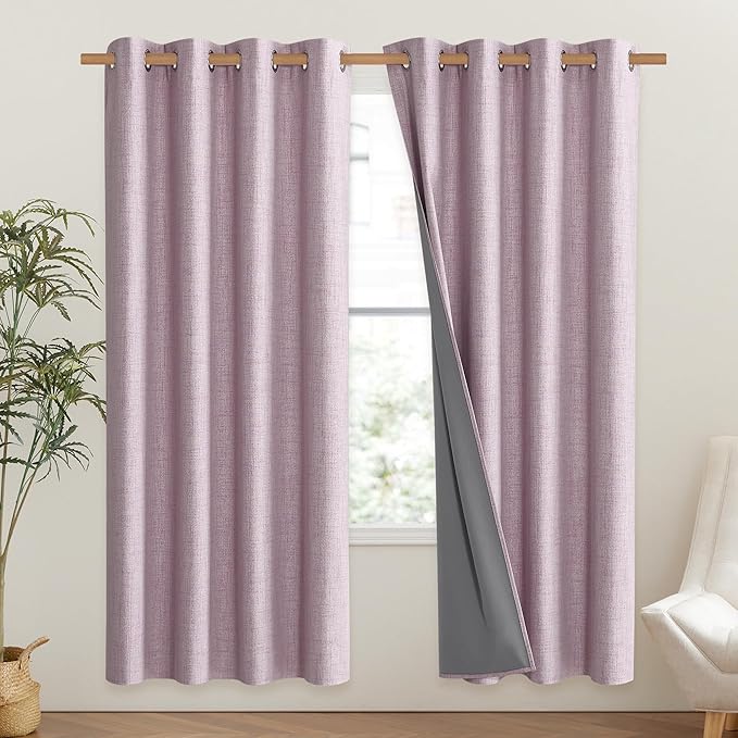 NICETOWN Pink Vintage Linen 100% Blackout Curtains for Living Room, Thermal Insulated Curtains 72" Long, Noise Reducing Window Treatment Drapes for Hall Room, 52" Wide Per Panel, Set of 2