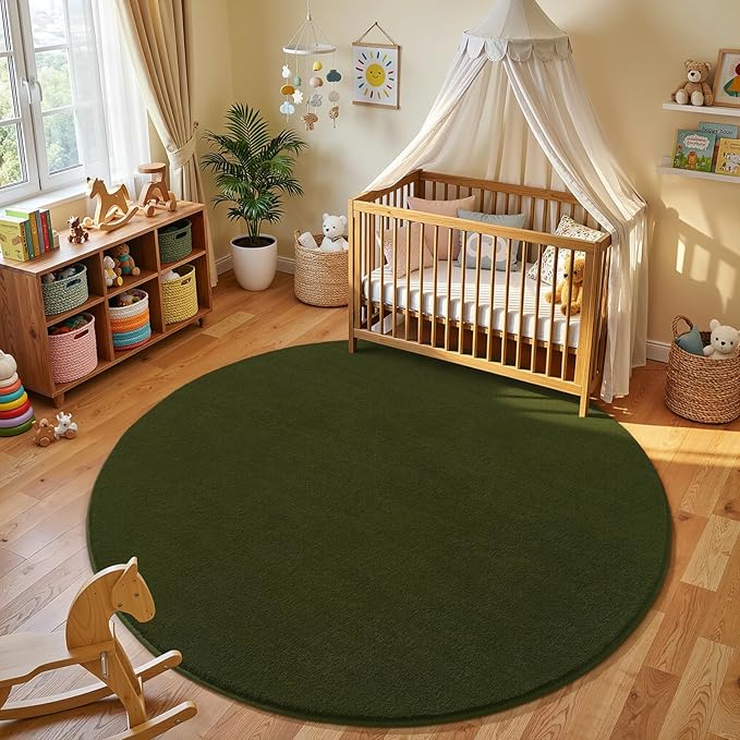 Amearea Olive Green Round Area Rugs 4ft Washable Circle Rugs for Bedroom Living Room, Fluffy Indoor Thickened Memory Foam Rug, Non Slip Minimalist Circular Carpet for Kids Boy Girl Dorm Nursery Room
