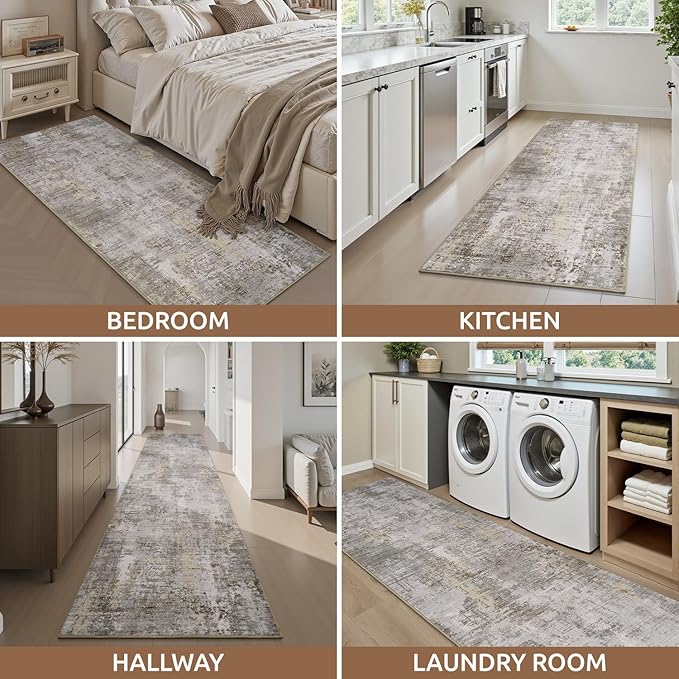 AMOAMI 2 x 6 Hallway Runner Rug Non Slip Super Soft Runner Rugs Machine Washable Low Pile Modern Abstract Runners for Hallways for Bedroom Laundry Room Kitchen, Beige