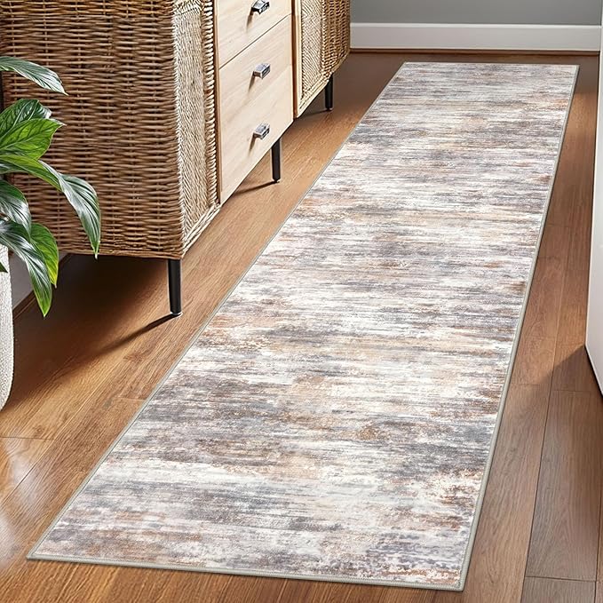 KOZYFLY Modern Abstract Washable Rug Runner 2x7 Hallway Runner Rug Non-Slip Soft Kitchen Runner Rugs, Print Multi Grey/Orange Striped Carpet Runner for Entryway Bathroom