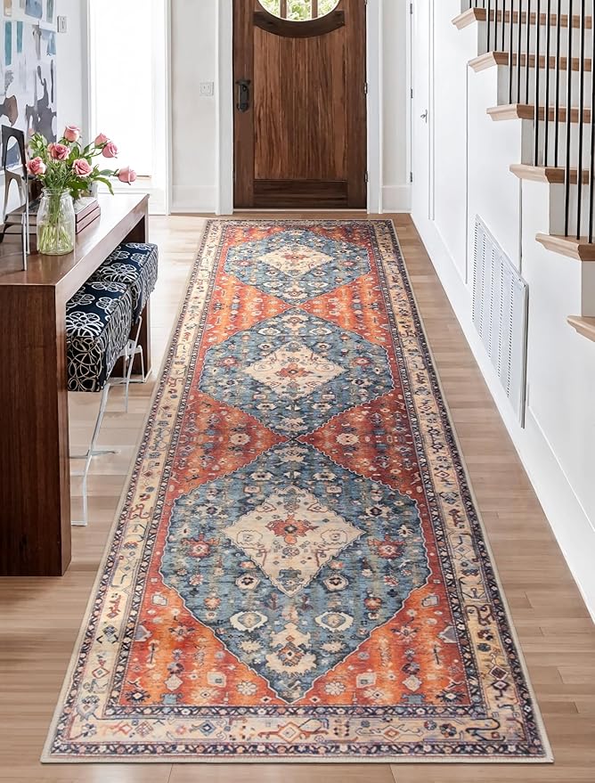 SERISSA Boho Washable Runner Rug, 2'6"x10' Long Non-Slip Tribal Hallway Kitchen Stair Runner Rug Ultra Soft Print Distressed Vintage Floor Carpet for Bedroom Bathroom Laundry Room