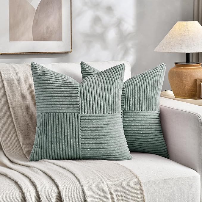 Fancy Homi 2 Packs Grey Blue Samll Decorative Throw Pillow Covers 12x12 Inch with for Couch Bed Sofa, Rustic Farmhouse Boho Home Decor, Soft Corss Patchwork Corduroy Square Cushion Case 30x30 cm