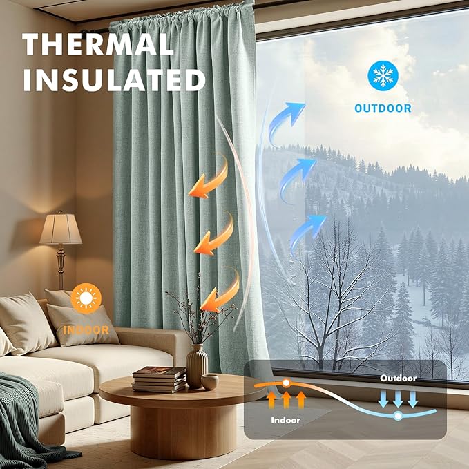 MIULEE 100% Blackout Linen Curtains for Bedroom, Seafoam Green Solid Luxury Decor Thermal Insulation Room Darkening Drapes for Living Room Nursery Back Tab Rod Pocket 42 x 96 Inches, 2 Panels