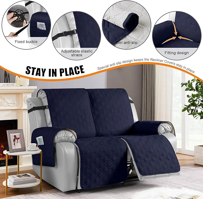 VANSOFY Waterproof Recliner Couch Covers, Sofa Covers 1-Piece Washable Reclining Sofa Cover Non-Slip Furniture Protector with Elastic Straps Pocket for Dogs, Pets(Dark Blue,2 Seater)