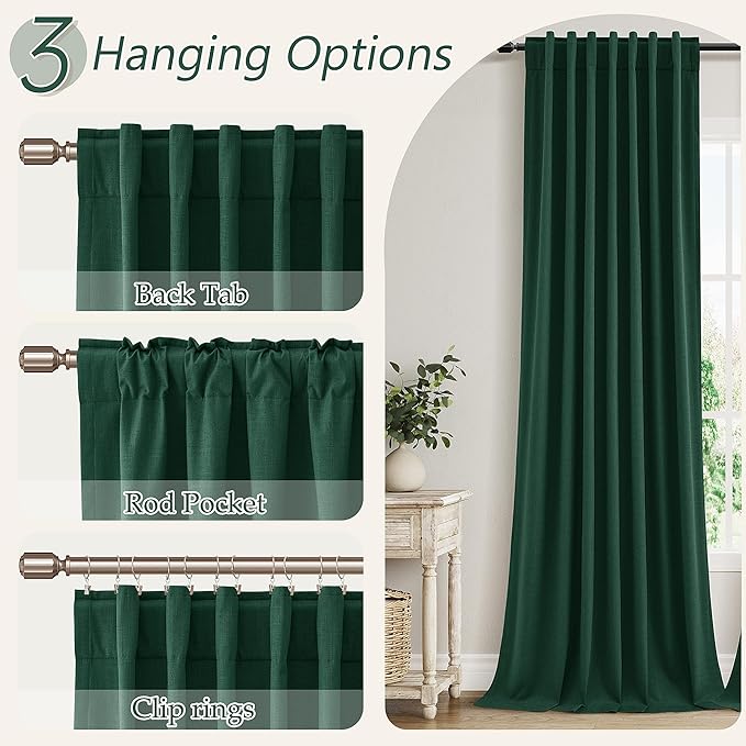Guken Dark Green 100% Blackout Linen Curtains 84 Inch Length 2 Panels Set for Living Room Back Tab Thermal Insulated Black Out Drapes Room Darkening Farmhouse Style for Bedroom Curtains 52x84