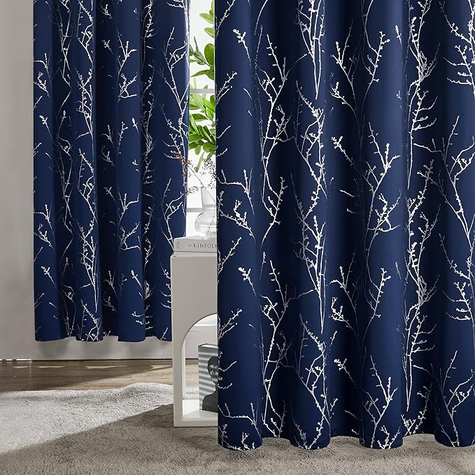 Deconovo Blackout Curtains, Navy Blue Curtain, Thermal Insulated Soundproof Drapes, Branch Silver Print, 42 x 72 Inch Long, Machine Washable Grommet Panels for Bedroom Living Room Office, Set of 2