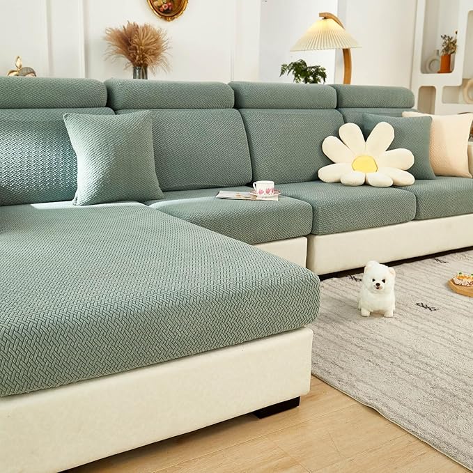 Sofa Covers Couch Covers for Sofa Pet Friendly Couch Cushion Covers Universal Sofa Covers Washable Stretch Slipcovers for Sectional Sofa (Texture Green, 3 Seats + Chaise Cover)
