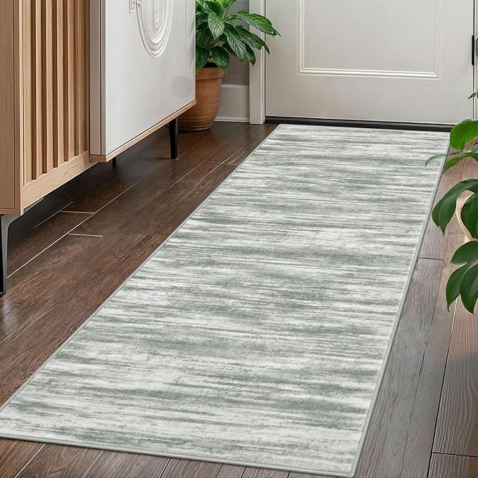 KOZYFLY Kitchen Runner Rug for Hallway Non-Slip Modern Abstract Runner Rug 2x5 Grey Green, Washable Carpet Runner Laundry Room Mat with Soft Low Pile for Entryway Bathroom Bedroom Kitchen