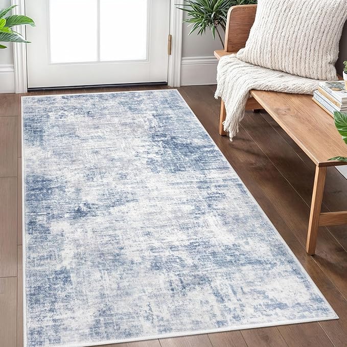 IOHOUZE Abstract Area Rug 3x5 Ft Washable Rugs for Entryway Indoor, Non Slip Kitchen Rug Printed Faux Wool Throw Rugs, Indoor Door Mat for Door Entrance Foyer Living Room, Light Blue Grey