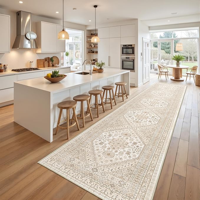 Hallway Runner Rug 2x12, Extra Long Washable Runner Rugs with Rubber Backing, Non Slip Runner, Vintage Rug Runners for Kitchen Laundry Room Entryway (Cream/Beige,2'x12')