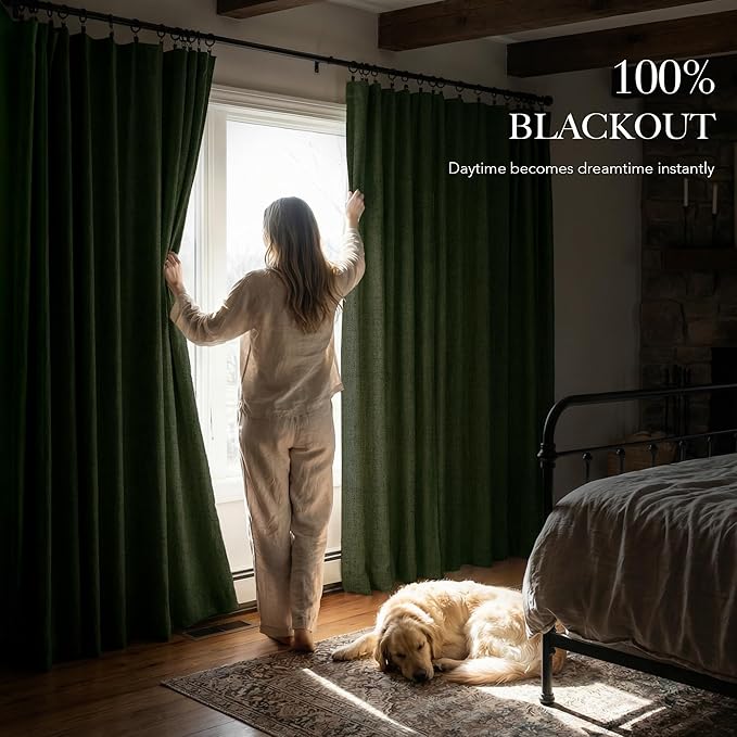 RYB HOME Olive Green 100% Blackout Linen Curtains 102 inches Long, Luxury Thermal Insulated Room Darkening Drapes for Living Room/Bedroom/Sliding Doors, Back Tab&Rod Pocket, W52xL102, 2 Panels